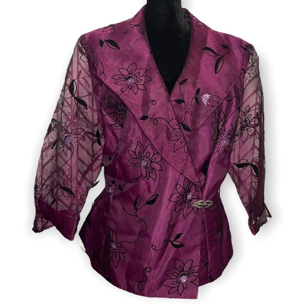 R&M Richards Purple Elegant Blouse Plus Size 16W Glitter Long Sheer Sleeves Top